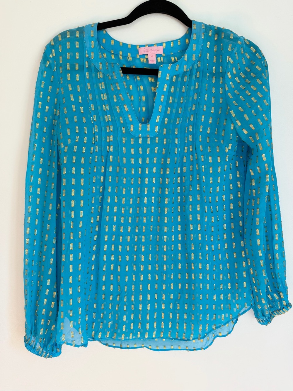Lilly Pulitzer Colby Sheer Silk Blouse Blue wtih Gold Metallic Accent XS